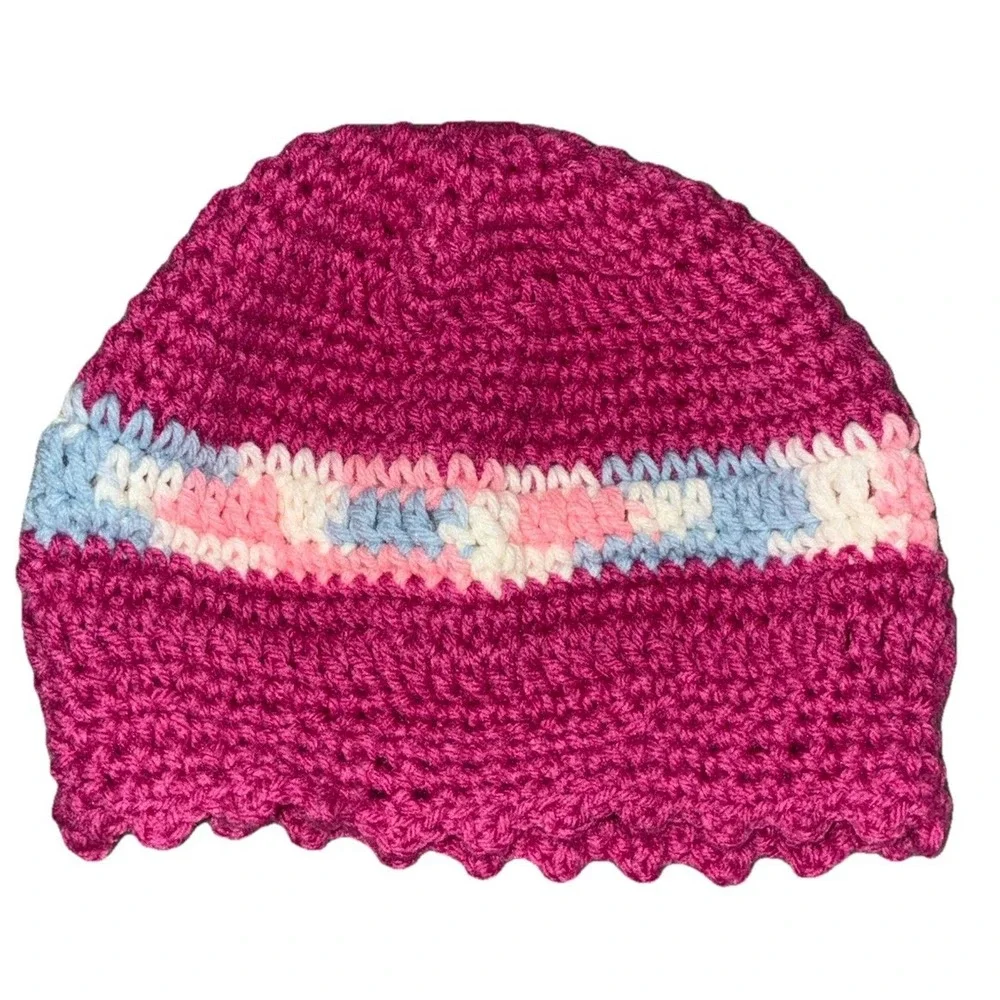 Beanie Hat Women's Pink Crochet Handmade‎ Scalloped Hem One Size NEW
